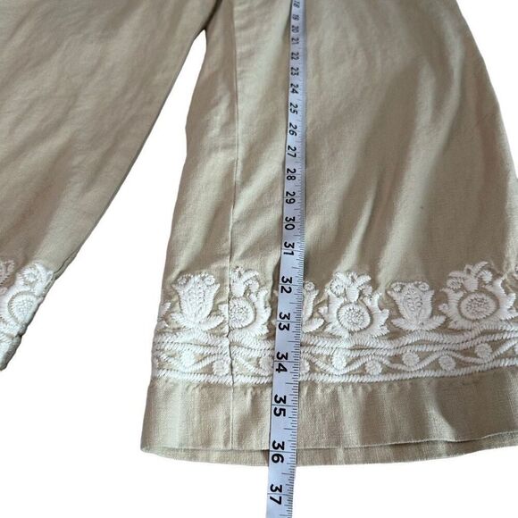 Talbots Tan Linen Blend Boho Embroidered Capri Pants Womens 14 Casual Summer - Picture 7 of 9